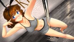 blue_eyes brooke_(mathias_leth) brown_hair brunette_hair bunny_ears cute exercise_clothing gray_shorts grey_clothing looking_at_viewer mathias_leth nike nike_logo pole pole_dancing smile smiling smiling_at_viewer sports_bra stripper_pole