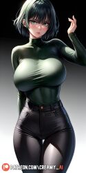 ai_generated arms_up big_breasts black_hair creamy_ai female female_only fubuki_(one-punch_man) gradient_background green_eyes green_hair green_shirt hi_res high_waisted_jeans high_waisted_pants jeans looking_at_viewer one-punch_man pants parted_lips patreon_username perky_breasts shirt shirt_tucked_in short_hair standing thick_thighs thighs wide_hips