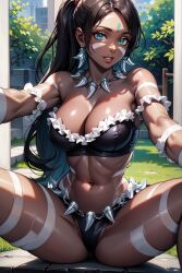 1girls abs ai_generated big_breasts black_hair black_hair_female costemania dark-skinned_female dark_skin female_abs forehead_jewel gem_on_forehead jewel_on_forehead league_of_legends light_blue_eyes nidalee ponytail ponytail_female riot_games skimpy skimpy_clothes skimpy_costume skimpy_outfit smile solo solo_female solo_focus strapless strapless_top strapless_topwear tribal_markings tribal_tattoo tribal_tattoos tube_top