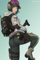 1girls ass backpack baseball_cap blue_eyes boots camouflage ela_(rainbow_six) gloves goggles green_hair gun hat leggings military rainbow_six_siege thigh_holster weapon