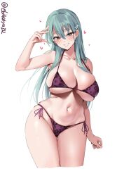 animal_print aqua_eyes aqua_hair arm_up bare_shoulders big_boobs big_thighs bikini blush breasts collarbone cowboy_shot cropped_legs ebifurya female free_space grin groin hair_between_eyes hair_ornament hairclip heart highres kantai_collection large_breasts leopard_print long_hair looking_at_viewer navel one-hour_drawing_challenge print_bikini purple_bikini side-tie_bikini_bottom sideboob sidelocks simple_background skindentation smile solo string_bikini suzuya_(kantai_collection) swimsuit thigh_gap thighs twitter_username underboob w white_background