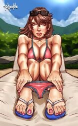 1girls bikini breasts feet light-skinned_female light_skin looking_at_viewer megami_tensei panties panties_down panty_pull persona persona_3 persona_4_arena ramiro_de_la_cruz sandals sunglasses sunglasses_on_head yukari_takeba