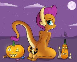 anthro anus ass blue_eyes candle candy dessert dragon dragon_girl food friendship_is_magic fruit genitals hair halloween hasbro holidays horn long_tail moon my_little_pony night orange_body orange_skin outside pumpkin purple_hair pussy smolder_(mlp) solo tail tjpones