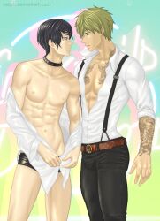 2boys abs black_hair black_hair_bottom blue_eyes brown_hair brown_hair_on_black_hair brown_hair_top bulge collar collarbone domination free! gay green_eyes green_hair light_hair_on_dark_hair makoto_tachibana male male_only muscular muscular_male nanase_haruka_(free!) open_shirt pecs tachibana_makoto tattoo tight_clothing yaoi