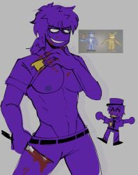 1boy abs blood chest five_nights_at_freddy's five_nights_at_freddy's_2 flashing fnaf grin male male_focus male_only mixanprixa partially_clothed pecs purple_body purple_guy purple_guy_(fnaf) purple_hair purple_nipples purple_skin smile solo solo_focus solo_male vincent_(fnaf)