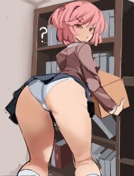 1girls ? ass ass_focus butt dat_ass doki_doki_literature_club dumptruck_ass dumptruck_butt female female_only hair_ornament holding_box holding_object looking_back natsuki_(doki_doki_literature_club) panties petite pink_eyes pink_hair rakeemspoon school_uniform short_hair skirt solo teenager white_panties