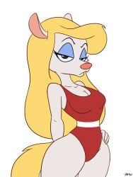 1girls animaniacs annoyed_face anthro artist_name artist_request blonde_hair blonde_hair curvy female hand_on_hip long_hair minerva_mink mink one-piece_swimsuit posing serious_look slim_waist striped_swimsuit swimsuit warner_brothers