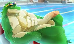 abs anthro crocodile crocodilian crocodylid erection genitals green_body humanoid humanoid_genitalia humanoid_penis inflatable jaxdoggo_ig league_of_legends lying male male_only muscular muscular_anthro muscular_male nude pecs penile penis pool_float pool_party_renekton pool_party_series pool_toy renekton reptile riot_games scalie smile solo solo_male swimming_pool teeth vein veiny_penis