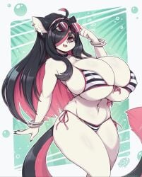 2d_(artwork) anthro big_breasts bikini bracelets cat_ears cat_tail catgirl chocker furry goth long_hair looking_at_viewer nikki_(secretly_saucy) original original_character secretly_saucy simple_background stripped_bikini sunglasses_on_head swimsuit thick_thighs white_fur