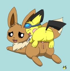 2023 anal anal_sex anus artist_logo backsack balls blue_background brown_body brown_fur duo eevee eyewear eyewear_on_head female female_on_bottom female_penetrated feral feral_on_feral feral_penetrated feral_penetrating feral_penetrating_feral fur generation_1_pokemon generation_2_pokemon genitals goggles goggles_on_head larger_penetrated logo male male/female male_on_top male_penetrating male_penetrating_female nintendo on_bottom on_top penetration penile penile_penetration penis penis_in_ass pichu pichu90 pokemon pokemon_(species) pussy scarf sex simple_background size_difference sparks_pichu tapering_penis yellow_body yellow_fur