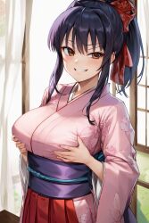 1girls ai_generated big_breasts blue_hair breast_grab breasts brown_eyes busty female female_only hair_ribbon hi_res japanese_clothes kimono large_breasts looking_at_viewer naughty_face ponytail sakura_shinguji sakura_wars sega self_fondle smile solo voluptuous