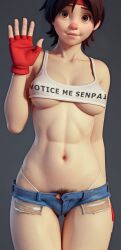 3d ai_assisted ai_generated denim_shorts hdregrets hotpants pubic_hair sakura_kasugano short_hair short_shorts shorts street_fighter underboob