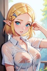 ai_generated blonde_hair blue_eyes blue_hairclip looking_at_viewer nintendo nipples pointy_ears princess_zelda short_hair tears_of_the_kingdom the_legend_of_zelda the_legend_of_zelda:_tears_of_the_kingdom wet_clothes wet_shirt white_shirt zelda_(tears_of_the_kingdom)