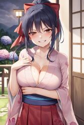 1girls ai_generated arm_under_breasts big_breasts blue_hair breast_hold breasts brown_eyes busty cleavage female female_only hair_ribbon hi_res japanese_clothes kimono large_breasts looking_at_viewer naughty_face ponytail sakura_shinguji sakura_wars sega sensual smile solo stable_diffusion sweat voluptuous