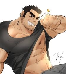 1boy 2023 bara bara_tits barazoku beard_stubble black_hair clothing gay hairy_male looking_at_viewer lucas_lee male male_focus male_nipples male_only manly muscular_male nipples nongnakk scott_pilgrim shirt_lift solo solo_male