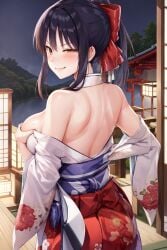 1girls ai_generated ass big_ass big_breasts blue_hair breast_hold breasts brown_eyes busty clothes_pull covering covering_breasts female female_only from_behind hair_ribbon hi_res japanese_clothes kimono kimono_pull large_breasts looking_at_viewer naughty_face ponytail sakura_shinguji sakura_wars sega sensual sideboob smile solo stable_diffusion sweat teasing topless voluptuous