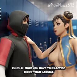 1boy 1girls 3d breasts chun-li chun-li_(fortnite) crossover dialogue female fortnite ikonik male mokinawa street_fighter text