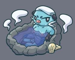 anthro bath blue_body breasts dewott droplets female generation_5_pokemon genitals hi_res mammal maskedfurry mustelid nintendo nipples nude otter pokemon pokemon_(species) pussy shell simple_background sitting solo steam towel towel_on_head