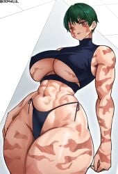 1girls abs absurd_res bare_shoulders big_breasts breasts cromwellb female female_focus female_only green_hair hi_res huge_breasts jujutsu_kaisen large_breasts light-skinned_female light_skin muscular muscular_female scar scar_across_eye short_hair solo solo_female solo_focus thick_thighs thighs_together thunder_thighs underboob very_short_hair wide_hips zenin_maki