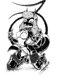 1990s 1996 20th_century anthro artist_signature black_and_white breasts chains demon demona_(joe_rosales) female furry horns joe_rosales nipples signature skunk whip