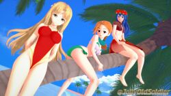 3d 3girls :d alternate_costume arms_behind_back ass bare_arms bare_legs beach big_ass bikini bikini_skirt blonde_hair blue_eyes blue_hair braid braided_ponytail breasts brown_eyes cath_(fire_emblem) female female_only fire_emblem fire_emblem:_the_binding_blade fire_emblem_heroes flower green_bikini green_eyes green_swimsuit guinevere_(fire_emblem) guinivere_(fire_emblem) hair_flower head_wreath island jollyoldsoldier large_breasts legs lilina_(fire_emblem) lilina_(summer)_(fire_emblem) long_hair looking_at_viewer looking_back medium_breasts multiple_girls navel nintendo ocean official_alternate_costume one-piece_swimsuit open_mouth orange_hair outdoors palm_tree ponytail red_bikini red_one-piece_swimsuit red_swimsuit shocked sitting small_breasts smile swimsuit tree very_long_hair white_bikini white_swimsuit wide_eyed