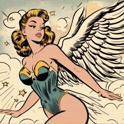 ai_generated angel angel_wings blonde_female blonde_hair clouds comic_book_style leotard retro_artstyle retro_artstyle_(western) thighs