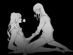 2girls bare_legs barefoot black_background blush bottomless breasts breath collared_shirt commentary from_side frottage greyscale hair_down highres long_hair long_sleeves monochrome multiple_girls nipples parted_lips profile pussy_juice reverse:1999 shirt simple_background sleeves_rolled_up small_breasts sonetto_(reverse:1999) spot_color thigh_grinding thigh_riding thigh_straddling two_side_up undressing_another vertin_(reverse:1999) xiangjian_niu_you