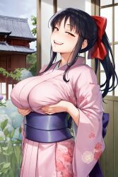 1girls ai_generated big_breasts blue_hair breast_grab breasts brown_eyes busty female female_only hair_ribbon hi_res japanese_clothes kimono large_breasts looking_at_viewer naughty_face ponytail sakura_shinguji sakura_wars sega self_fondle smile solo stable_diffusion voluptuous