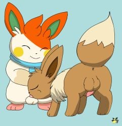 2023 anus artist_logo backsack balls blue_background brown_body brown_fur cheek_bulge closed_eyes duo eevee fellatio feral feral_on_feral feral_penetrated feral_penetrating feral_penetrating_feral fur generation_1_pokemon generation_9_pokemon genitals logo male male/male male_penetrated male_penetrating male_penetrating_male nintendo nise_pawmo oral orange_body orange_fur pawmo penetration penile penis pichu90 pokemon pokemon_(species) scarf sex simple_background tan_body tan_fur tapering_penis