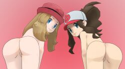 2girls ass ass_focus blonde_hair blue_eyes brown_hair female female_only fully_naked fully_nude hilda_(pokemon) long_hair looking_at_viewer looking_back multiple_girls naked_female nude nude_female pokemon pokemon_bw pokemon_xy ponytail saucemon7 serena_(pokemon) serena_(pokemon_games) showing_ass showing_off_ass younger_female