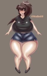 1girls brown_eyes brown_hair female female_only huge_breasts light-skinned_female original_character shiny_skin shiny_thighs short_jeans smile tagme thick_thighs wollu