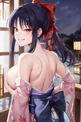 1girls ai_generated big_breasts blue_hair breasts brown_eyes busty clothes_pull covering covering_breasts female female_only hair_ribbon hi_res japanese_clothes kimono kimono_pull large_breasts looking_at_viewer naughty_face ponytail sakura_shinguji sakura_wars sega sensual sideboob smile solo stable_diffusion sweat teasing topless voluptuous