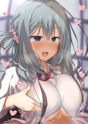 1boy :d absurdres aqua_eyes aqua_hair aroused beads blurry blurry_background blush breasts breasts_squeezed_together breath censored commentary_request crossed_bangs eyelashes female grabbing_own_breast hair_beads hair_between_eyes hair_ornament heart highres lab_coat large_breasts long_hair long_sleeves looking_at_viewer makochan42 mosaic_censoring naughty_face necktie nose_blush one_side_up open_mouth paid_reward_available paizuri paizuri_under_clothes red_necktie riddle_joker school_uniform shikibe_mayu shirt smile solo_focus sound_effects sweat tsurime underboob upper_body white_shirt