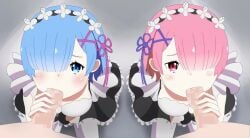 2boys 2d 2d_animation 2girls alwaysgg animated blowjob blue_eyes blue_hair censored clothed_female clothed_female_nude_male fellatio female hair_over_one_eye light-skinned_female loop maid maid_headdress maid_uniform male matching_hair/eyes mosaic_censoring no_sound pink_eyes pink_hair ram_(re:zero) re:zero_kara_hajimeru_isekai_seikatsu rem_(re:zero) sisters tagme twins video x_hair_ornament