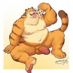 2023 anthro areola balls belly big_belly brown_body brown_fur columbia_pictures digital_media_(artwork) domestic_cat eating eyebrows fat feet felid feline felis food foreskin fur garfield_(series) garfield_the_cat genitals glans half-closed_eyes half-erect hi_res humanoid_genitalia humanoid_penis ligoni male male_only mammal moobs narrowed_eyes navel nipples nude obese obese_male open_mouth open_smile orange_body orange_fur overweight overweight_anthro overweight_male partially_retracted_foreskin paws,_inc. penis pizza pubes sitting smile solo tail tan_body tan_fur teeth the_garfield_movie_(2024) tongue tongue_out vein veiny_penis vic_(garfield) whiskers