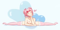 1female 1girls 2019 ? artist_signature bare_shoulders blush blushing braless breasts closed_eyes dated doki_doki_literature_club eyes_closed female girl heart hearts long_socks natsuki_(doki_doki_literature_club) newbluud pink_hair pink_socks signature socks teeth thighhighs topless topless_female