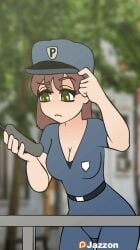 1girls animated animated_gif dialogue gif in_public jazzon police_uniform policewoman public stripping taking_clothes_off