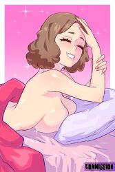 1girls 2023 bed bed_sheet big_breasts blush breasts brown_hair casual clenched_teeth closed_eyes english_text eyelashes female female_focus female_only haru_okumura hito_clover human large_breasts light-skinned_female looking_at_viewer nails pale-skinned_female pale_skin persona persona_5 pillow pink_nails short_hair simple_background smile smiling solo solo_female solo_focus text topless topless_female