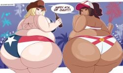 2023 2girls 4th_of_july absurd_res ass bbw belly bikini blonde_hair blue_eyes breasts brown_eyes brown_hair chubby chubby_female curvaceous curvy dark-skinned_female dark_skin duo duo_focus english english_text female_focus female_only florida_bikini florida_flag hips huge_ass huge_breasts huge_thighs looking_at_viewer looking_back matching_hair/eyes overweight overweight_female plump sevenbyseven7 speech_bubble swimsuit texas_flag text thick_thighs thighs voluptuous wide_hips