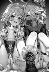 2girls ahoge anus barefoot drop-shaped_pupils dual_persona embarrassed focalors_(genshin_impact) furina_(genshin_impact) genshin_impact greyscale hair_between_eyes hair_censor holding holding_clothes holding_panties holding_underwear long_hair long_sleeves mismatched_pupils monochrome multiple_girls open_mouth panties presenting_removed_panties shy smile soles stained_panties tatsuya_(s6pillars) underwear