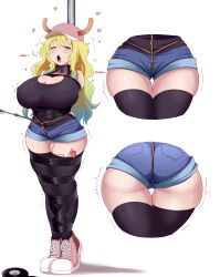 arms_tied_behind_back bagelbomb big_breasts blush bondage cap clothed_female collar crotch_rope cumming heart-shaped_pupils horned_humanoid kobayashi-san_chi_no_maidragon lucoa miss_kobayashi's_dragon_maid pole quetzalcoatl_(dragon_maid) shoes short_shorts shuddering slave_collar sneakers tape tape_bondage tied_to_pole tiptoes vibrator vibrator_under_clothes