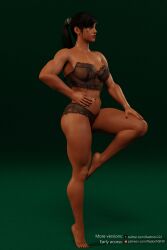 3d abs areolae barefoot blender blender_(software) dark-skinned_female dark_hair dark_skin feet fit_female hi_res highres image lingerie muscular_female muscular_thighs overwatch overwatch_2 pharah pinup radmon222 see-through_bra see-through_panties self_upload short_hair simple_background thick_thighs