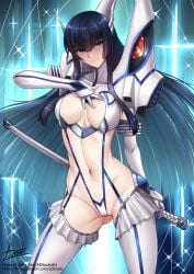 adsouto ass_visible_through_thighs black_hair blue_eyes breasts collarbone female female_only hand_on_own_chest highres holding holding_sword holding_weapon junketsu kill_la_kill kiryuuin_satsuki long_hair medium_breasts navel revealing_clothes sheath sheathed signature skimpy_clothes solo standing stockings sword very_long_hair weapon