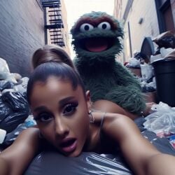 1girls ai_generated alley ariana_grande ass ass_grab brown_hair celebrity dall-e3 female garbage garbage_bags garbage_bin green_fur hard_image implied_sex light-skinned_female looking_at_viewer muppets oscar_the_grouch real_person sesame_street tagme the_muppet_show trash trash_bag trash_can