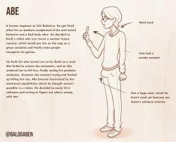 1boy baldgaben bulge character_profile character_sheet collar glasses male_only penis_bulge scientist standing story sweater text