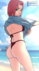 1girls ass beach big_ass bikini_bottom bikini_top breasts female female_only from_behind green_eyes gumroad_username long_hair looking_at_viewer looking_back naruto naruto_(series) naruto_shippuden noxdsa outdoors patreon_username pink_hair pinup pixiv_username sakura_haruno seaside shirt_lift shoulder_length_hair sideboob small_breasts solo solo_focus swimsuit undressing url watermark