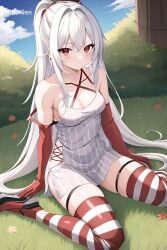 1girls ai_generated gloves long_hair red_eyes stockings striped_top white_hair zoe_white