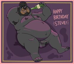 anthro balls bear beard beer_bottle black_bear bottle chubby_anthro chubby_belly chubby_male container eyewear facial_hair genitals glasses hi_res male mammal moobs nipples nude penis smile smiling_at_viewer solo steve_jovonovich unknown_artist ursine