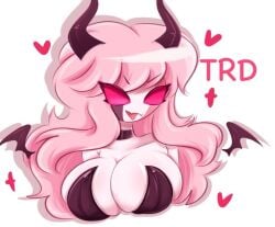 big_breasts choker cleavage demon_horns female_only friday_night_funkin heart looking_at_viewer open_mouth pink_hair pink_skin sarvente_(dokki.doodlez) simple_background smile succubus tagme trd-yo white_background