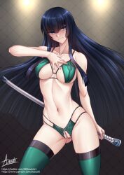 adsouto black_hair blue_eyes breasts collarbone female female_only hand_on_own_chest highres holding holding_sword holding_weapon kill_la_kill kiryuuin_satsuki lingerie long_hair medium_breasts navel revealing_clothes sheath sheathed signature solo standing stockings sword thighhighs underwear very_long_hair weapon